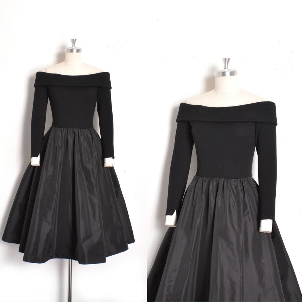 Victor Costa Black Off-Shoulder Wool Evening Party Dress 1980s Black 10 / Medium